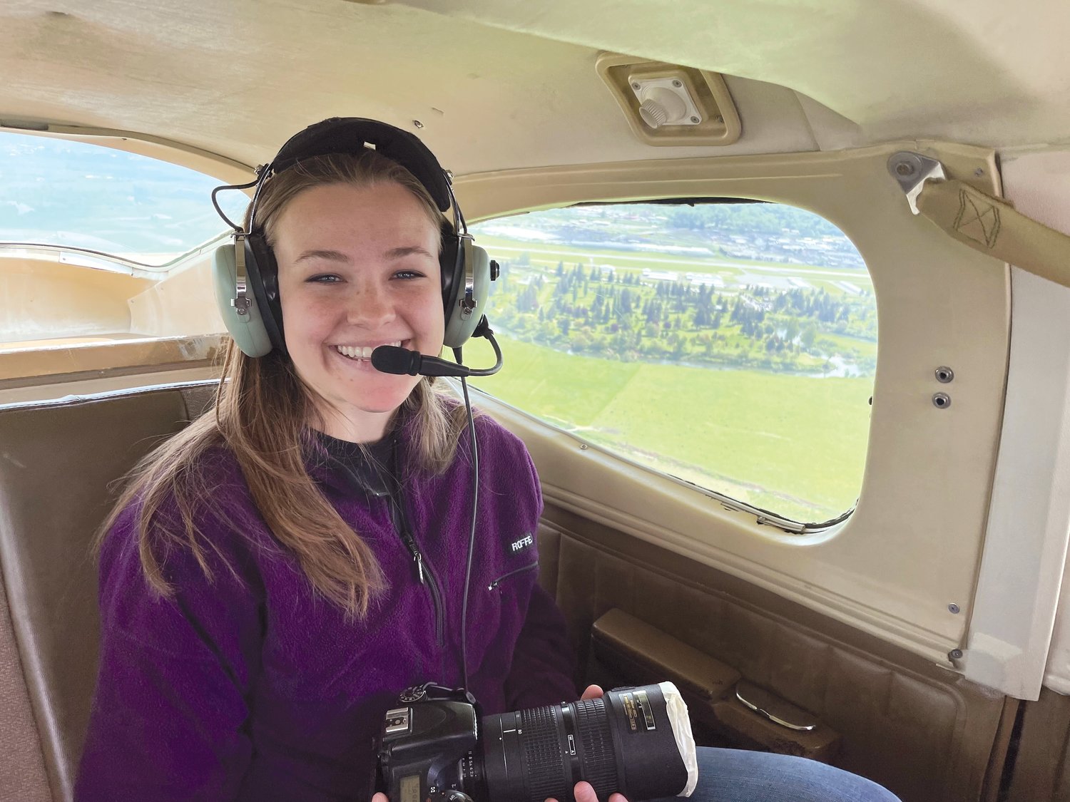 Chronicle reporter Isabel Vander Stoep, pictured here, and photographer Jared Wenzelburger flew above the Chehalis River Basin Friday morning for some final photographs from the air before embarking on a 10-day trip down the Chehalis River Saturday.